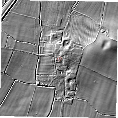 Shaded relief map of the ground around NG235PX, computed from Environment Agency LiDAR. The ground here sits at about 17 m above sea level and falls 8 m across the surrounding 800 m. Surface water reaching this point runs off ground lying to the north-east, 3.1 m higher.