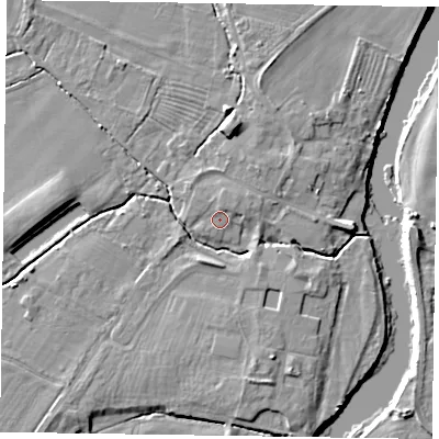 Shaded relief map of the ground around NG235QB, computed from Environment Agency LiDAR. The ground here sits at about 12 m above sea level and falls 9 m across the surrounding 800 m. Surface water reaching this point runs off ground lying to the north-north-east, 1.4 m higher.
