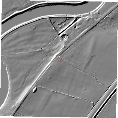Shaded relief map of the ground around NG235QH, computed from Environment Agency LiDAR. The ground here sits at about 15 m above sea level and falls 7 m across the surrounding 800 m. Surface water reaching this point runs off ground lying to the south-west, 1.4 m higher.