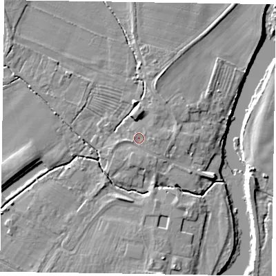 Shaded relief map of the ground around NG235QP, computed from Environment Agency LiDAR. The ground here sits at about 12 m above sea level and falls 9 m across the surrounding 800 m. Surface water reaching this point runs off ground lying to the east, 1.2 m higher.