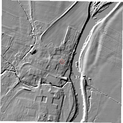 Shaded relief map of the ground around NG235QT, computed from Environment Agency LiDAR. The ground here sits at about 12 m above sea level and falls 9 m across the surrounding 800 m. Surface water reaching this point runs off ground lying to the west, 1.6 m higher.