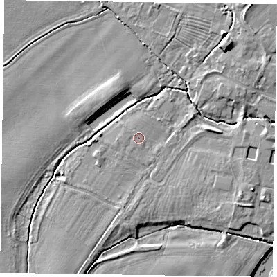 Shaded relief map of the ground around NG235QU, computed from Environment Agency LiDAR. The ground here sits at about 12 m above sea level and falls 8 m across the surrounding 800 m. Surface water reaching this point runs off ground lying to the west-south-west, 0.6 m higher.
