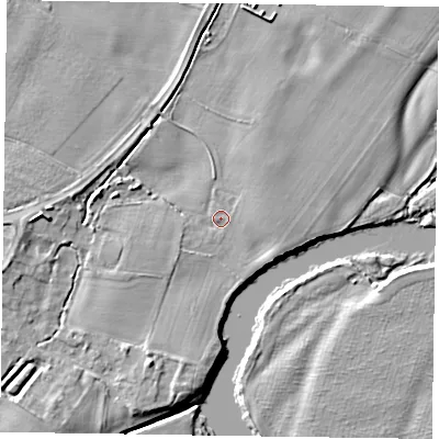 Shaded relief map of the ground around NG235QY, computed from Environment Agency LiDAR. The ground here sits at about 12 m above sea level and falls 7 m across the surrounding 800 m. Surface water reaching this point runs off ground lying to the south-south-west, 3.5 m higher.