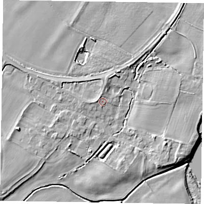 Shaded relief map of the ground around NG235QZ, computed from Environment Agency LiDAR. The ground here sits at about 13 m above sea level and falls 8 m across the surrounding 800 m. Surface water reaching this point runs off ground lying to the north-north-west, 1.7 m higher.