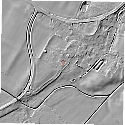 Shaded relief map of the ground around NG235RA, computed from Environment Agency LiDAR. The ground here sits at about 14 m above sea level and falls 7 m across the surrounding 800 m. Surface water reaching this point runs off ground lying to the west, 0.8 m higher.