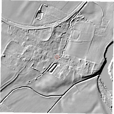 Shaded relief map of the ground around NG235RB, computed from Environment Agency LiDAR. The ground here sits at about 12 m above sea level and falls 8 m across the surrounding 800 m. Surface water reaching this point runs off ground lying to the west, 4.8 m higher.
