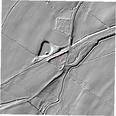 Shaded relief map of the ground around NG235RE, computed from Environment Agency LiDAR. The ground here sits at about 14 m above sea level and falls 8 m across the surrounding 800 m. Surface water reaching this point runs off ground lying to the west-south-west, 4.8 m higher.