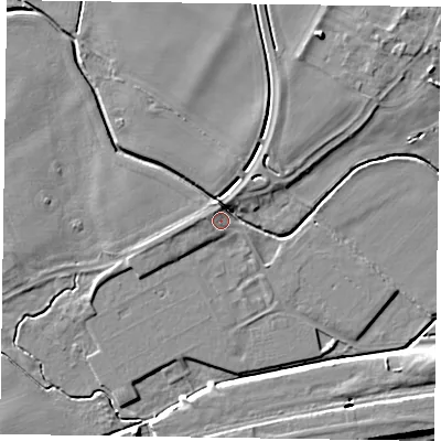 Shaded relief map of the ground around NG235RF, computed from Environment Agency LiDAR. The ground here sits at about 14 m above sea level and falls 6 m across the surrounding 800 m. Surface water reaching this point runs off ground lying to the north-north-west, 3.9 m higher.
