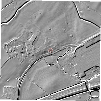Shaded relief map of the ground around NG235RG, computed from Environment Agency LiDAR. The ground here sits at about 13 m above sea level and falls 5 m across the surrounding 800 m. Surface water reaching this point runs off ground lying to the north, 1.8 m higher.
