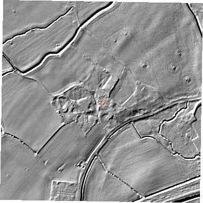 Shaded relief map of the ground around NG235RH, computed from Environment Agency LiDAR. The ground here sits at about 14 m above sea level and falls 5 m across the surrounding 800 m. Surface water reaching this point runs off ground lying to the west-south-west, 2.0 m higher.