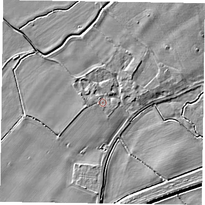 Shaded relief map of the ground around NG235RJ, computed from Environment Agency LiDAR. The ground here sits at about 14 m above sea level and falls 5 m across the surrounding 800 m. Surface water reaching this point runs off ground lying to the west-south-west, 1.1 m higher.