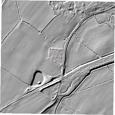 Shaded relief map of the ground around NG235RL, computed from Environment Agency LiDAR. The ground here sits at about 14 m above sea level and falls 8 m across the surrounding 800 m. Surface water reaching this point runs off ground lying to the south-south-east, 1.0 m higher.