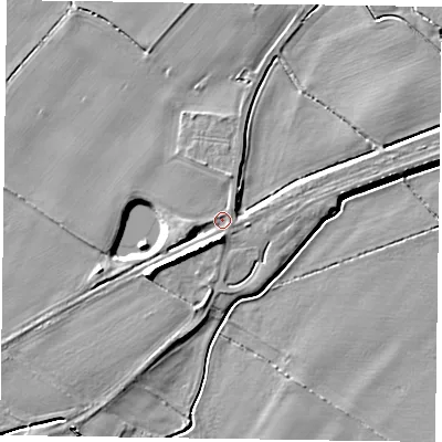 Shaded relief map of the ground around NG235RN, computed from Environment Agency LiDAR. The ground here sits at about 14 m above sea level and falls 8 m across the surrounding 800 m. Surface water reaching this point runs off ground lying to the south-west, 6.9 m higher.