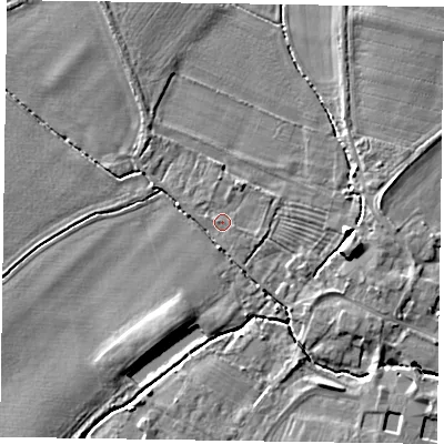 Shaded relief map of the ground around NG235RZ, computed from Environment Agency LiDAR. The ground here sits at about 12 m above sea level and falls 6 m across the surrounding 800 m. Surface water reaching this point runs off ground lying to the east-south-east, 0.6 m higher.