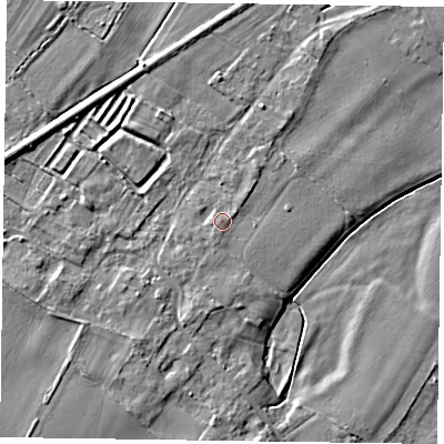Shaded relief map of the ground around NG235SA, computed from Environment Agency LiDAR. The ground here sits at about 15 m above sea level and falls 5 m across the surrounding 800 m. Surface water reaching this point runs off ground lying to the west, 0.7 m higher.