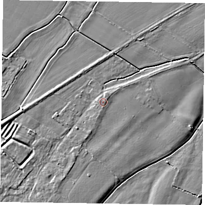 Shaded relief map of the ground around NG235SD, computed from Environment Agency LiDAR. The ground here sits at about 15 m above sea level and falls 5 m across the surrounding 800 m. Surface water reaching this point runs off ground lying to the west, 0.8 m higher.
