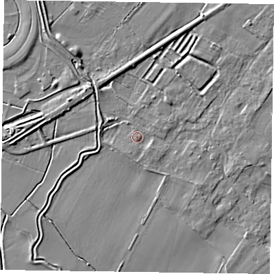 Shaded relief map of the ground around NG235SE, computed from Environment Agency LiDAR. The ground here sits at about 15 m above sea level and falls 5 m across the surrounding 800 m. Surface water reaching this point runs off ground lying to the south-east, 1.2 m higher.