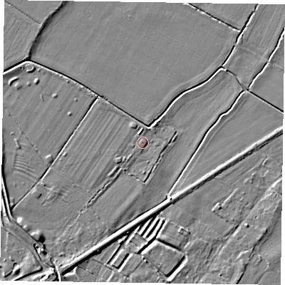 Shaded relief map of the ground around NG235SF, computed from Environment Agency LiDAR. The ground here sits at about 15 m above sea level and falls 5 m across the surrounding 800 m. Surface water reaching this point runs off ground lying to the west-south-west, 3.1 m higher.