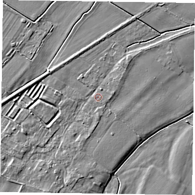 Shaded relief map of the ground around NG235SG, computed from Environment Agency LiDAR. The ground here sits at about 15 m above sea level and falls 5 m across the surrounding 800 m. Surface water reaching this point runs off ground lying to the south-south-west, 1.9 m higher.