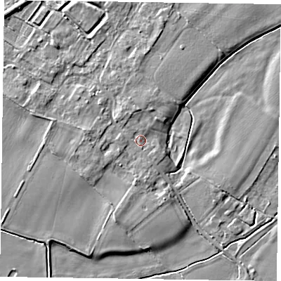 Shaded relief map of the ground around NG235SH, computed from Environment Agency LiDAR. The ground here sits at about 14 m above sea level and falls 5 m across the surrounding 800 m. Surface water reaching this point runs off ground lying to the west, 1.9 m higher.