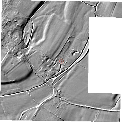 Shaded relief map of the ground around NG235SJ, computed from Environment Agency LiDAR. The ground here sits at about 13 m above sea level and falls 5 m across the surrounding 800 m. Surface water reaching this point runs off ground lying to the west-north-west, 2.7 m higher.