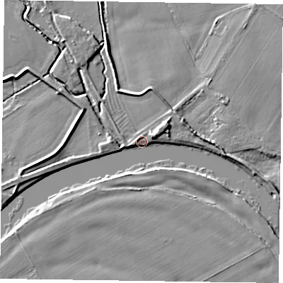 Shaded relief map of the ground around NG235SL, computed from Environment Agency LiDAR. The ground here sits at about 14 m above sea level and falls 4 m across the surrounding 800 m. Surface water reaching this point runs off ground lying to the north-east, 4.1 m higher.