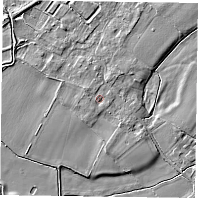 Shaded relief map of the ground around NG235SN, computed from Environment Agency LiDAR. The ground here sits at about 15 m above sea level and falls 6 m across the surrounding 800 m. Surface water reaching this point runs off ground lying to the south-west, 1.1 m higher.