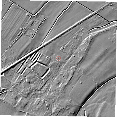 Shaded relief map of the ground around NG235SP, computed from Environment Agency LiDAR. The ground here sits at about 15 m above sea level and falls 6 m across the surrounding 800 m. Surface water reaching this point runs off ground lying to the west-south-west, 3.0 m higher.
