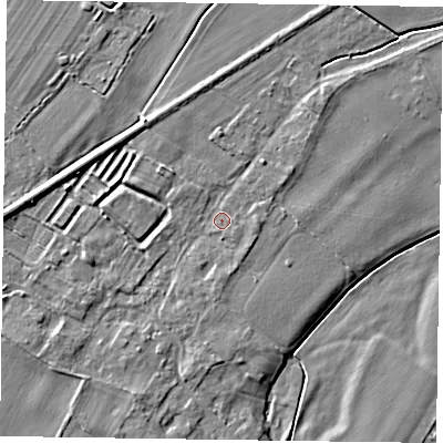 Shaded relief map of the ground around NG235SQ, computed from Environment Agency LiDAR. The ground here sits at about 14 m above sea level and falls 5 m across the surrounding 800 m. Surface water reaching this point runs off ground lying to the south-south-west, 1.9 m higher.