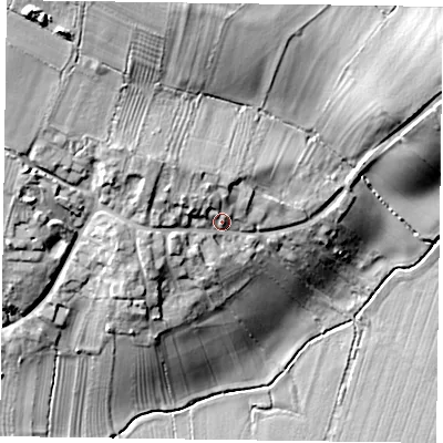 Shaded relief map of the ground around NG235ST, computed from Environment Agency LiDAR. The ground here sits at about 30 m above sea level and falls 30 m across the surrounding 800 m. Surface water reaching this point runs off ground lying to the north-west, 9.2 m higher.