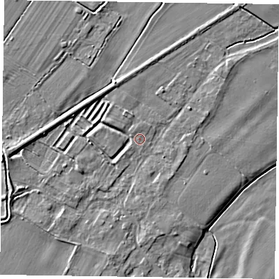 Shaded relief map of the ground around NG235SW, computed from Environment Agency LiDAR. The ground here sits at about 15 m above sea level and falls 6 m across the surrounding 800 m. Surface water reaching this point runs off ground lying to the west-south-west, 3.3 m higher.