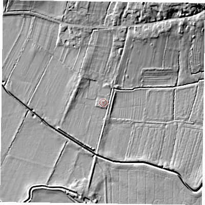 Shaded relief map of the ground around NG235SZ, computed from Environment Agency LiDAR. The ground here sits at about 18 m above sea level and falls 14 m across the surrounding 800 m. Surface water reaching this point runs off ground lying to the north-east, 11.7 m higher.