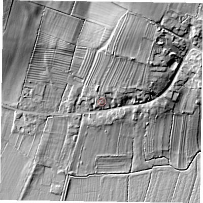 Shaded relief map of the ground around NG235TE, computed from Environment Agency LiDAR. The ground here sits at about 24 m above sea level and falls 25 m across the surrounding 800 m. Surface water reaching this point runs off ground lying to the north-north-east, 17.1 m higher.