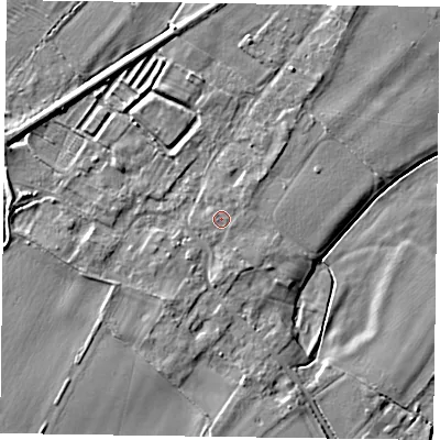 Shaded relief map of the ground around NG235TR, computed from Environment Agency LiDAR. The ground here sits at about 15 m above sea level and falls 6 m across the surrounding 800 m. The ground contributing surface water to this point lies to the north-west.