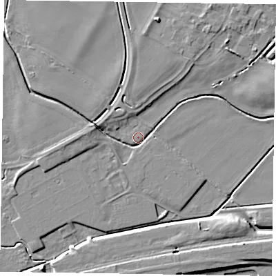 Shaded relief map of the ground around NG235UA, computed from Environment Agency LiDAR. The ground here sits at about 12 m above sea level and falls 7 m across the surrounding 800 m. Surface water reaching this point runs off ground lying to the west, 4.0 m higher.