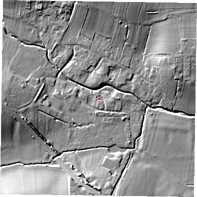 Shaded relief map of the ground around NG236AA, computed from Environment Agency LiDAR. The ground here sits at about 25 m above sea level and falls 14 m across the surrounding 800 m. Surface water reaching this point runs off ground lying to the east, 1.6 m higher.