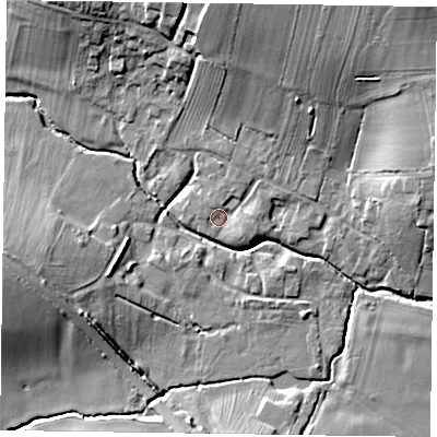 Shaded relief map of the ground around NG236AB, computed from Environment Agency LiDAR. The ground here sits at about 25 m above sea level and falls 16 m across the surrounding 800 m. Surface water reaching this point runs off ground lying to the north-north-east, 11.0 m higher.