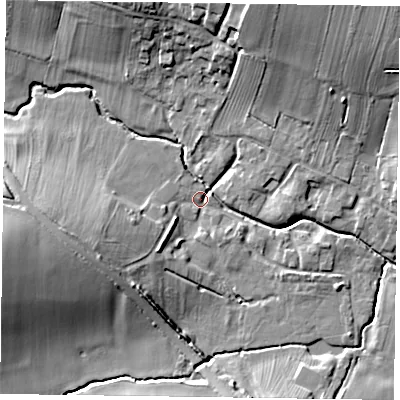 Shaded relief map of the ground around NG236AD, computed from Environment Agency LiDAR. The ground here sits at about 25 m above sea level and falls 16 m across the surrounding 800 m. Surface water reaching this point runs off ground lying to the west-south-west, 15.0 m higher.