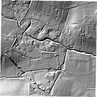 Shaded relief map of the ground around NG236AE, computed from Environment Agency LiDAR. The ground here sits at about 26 m above sea level and falls 16 m across the surrounding 800 m. Surface water reaching this point runs off ground lying to the north-east, 0.7 m higher.