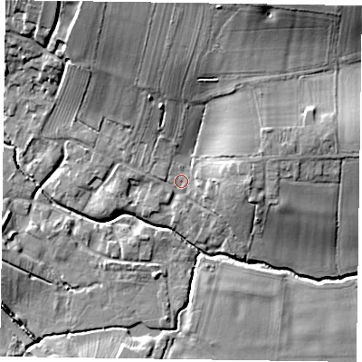 Shaded relief map of the ground around NG236AF, computed from Environment Agency LiDAR. The ground here sits at about 26 m above sea level and falls 18 m across the surrounding 800 m. Surface water reaching this point runs off ground lying to the north, 9.2 m higher.