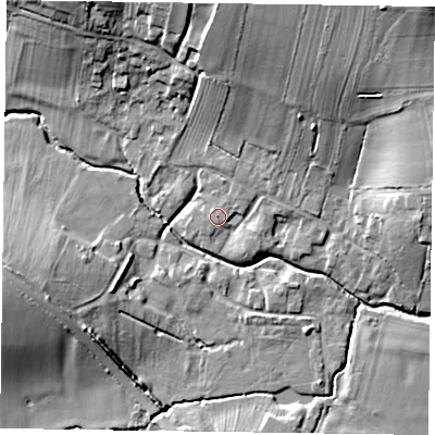 Shaded relief map of the ground around NG236AN, computed from Environment Agency LiDAR. The ground here sits at about 26 m above sea level and falls 17 m across the surrounding 800 m. Surface water reaching this point runs off ground lying to the east-south-east, 1.4 m higher.