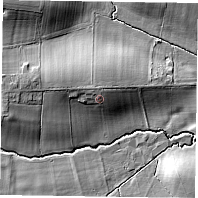 Shaded relief map of the ground around NG236AQ, computed from Environment Agency LiDAR. The ground here sits at about 30 m above sea level and falls 16 m across the surrounding 800 m. Surface water reaching this point runs off ground lying to the north-north-west, 2.5 m higher.