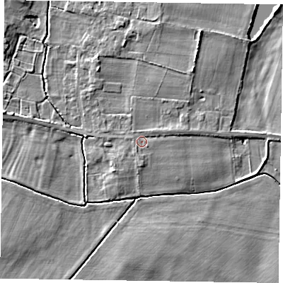 Shaded relief map of the ground around NG236BP, computed from Environment Agency LiDAR. The ground here sits at about 12 m above sea level and falls 5 m across the surrounding 800 m. Surface water reaching this point runs off ground lying to the south-east, 0.8 m higher.