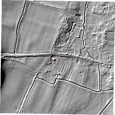 Shaded relief map of the ground around NG236BS, computed from Environment Agency LiDAR. The ground here sits at about 12 m above sea level and falls 9 m across the surrounding 800 m. Surface water reaching this point runs off ground lying to the west-south-west, 1.8 m higher.