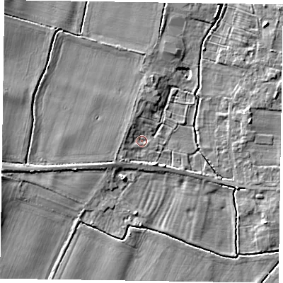Shaded relief map of the ground around NG236BX, computed from Environment Agency LiDAR. The ground here sits at about 11 m above sea level and falls 6 m across the surrounding 800 m. Surface water reaching this point runs off ground lying to the west-north-west, 1.7 m higher.
