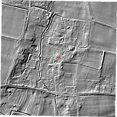 Shaded relief map of the ground around NG236BY, computed from Environment Agency LiDAR. The ground here sits at about 12 m above sea level and falls 7 m across the surrounding 800 m. Surface water reaching this point runs off ground lying to the south-east, 1.4 m higher.