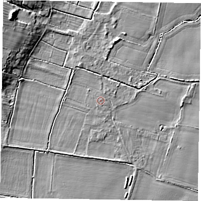 Shaded relief map of the ground around NG236DA, computed from Environment Agency LiDAR. The ground here sits at about 12 m above sea level and falls 12 m across the surrounding 800 m. The ground contributing surface water to this point lies to the north-north-east.