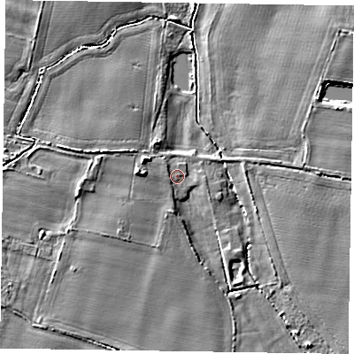 Shaded relief map of the ground around NG236DD, computed from Environment Agency LiDAR. The ground here sits at about 10 m above sea level and falls 5 m across the surrounding 800 m. Surface water reaching this point runs off ground lying to the north-west, 1.2 m higher.