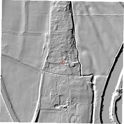Shaded relief map of the ground around NG236DR, computed from Environment Agency LiDAR. The ground here sits at about 11 m above sea level and falls 8 m across the surrounding 800 m. Surface water reaching this point runs off ground lying to the east-south-east, 1.7 m higher.