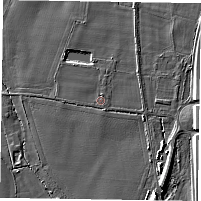 Shaded relief map of the ground around NG236DT, computed from Environment Agency LiDAR. The ground here sits at about 11 m above sea level and falls 9 m across the surrounding 800 m. Surface water reaching this point runs off ground lying to the east-south-east, 0.5 m higher.